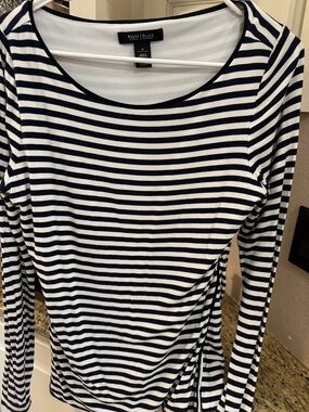 White House Black Market Navy & White Striped Long Sleeve Scoop Top